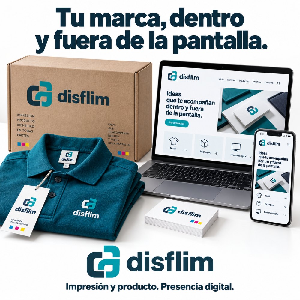 Caja, polo, tarjetas y la web de Disflim con la misma identidad aplicada